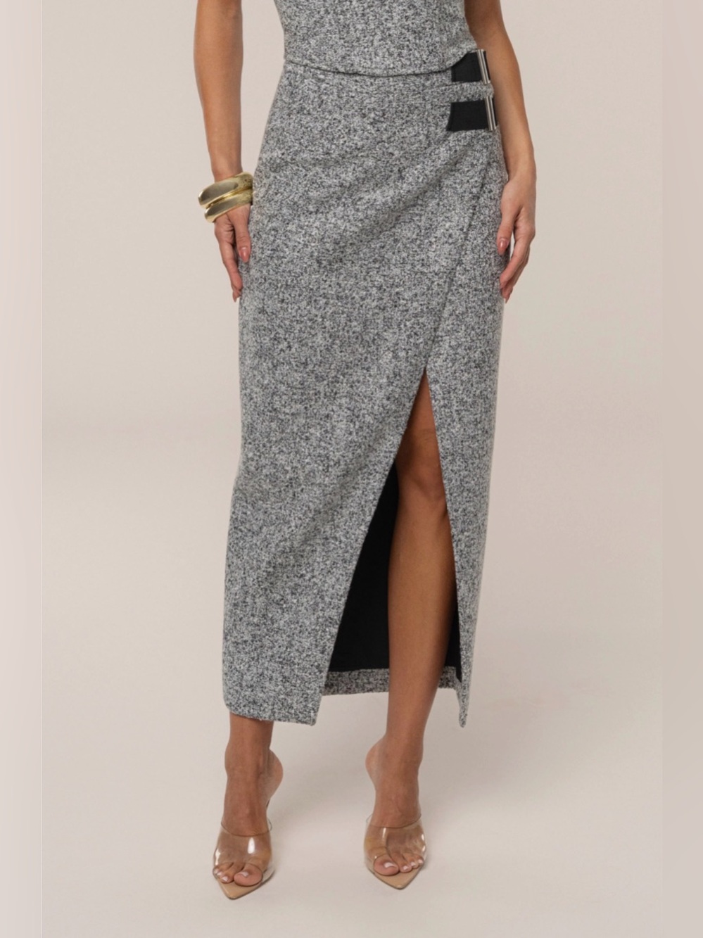 NEW JLUXLABEL Grey Black Gisele Tweed Slit Skirt Midi Small S with Belts - NWT